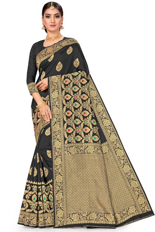 Designer Zari Work Black Saree in Silk for Party 