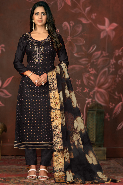 Black Silk Woven Zari Straight Cut Trouser Suit