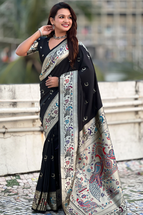 Black Soft Silk Broad Border Saree With Weaved Work