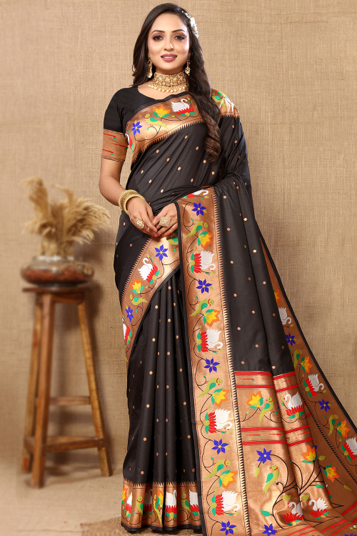 Black Soft Silk Paithani Saree With Weaved Work