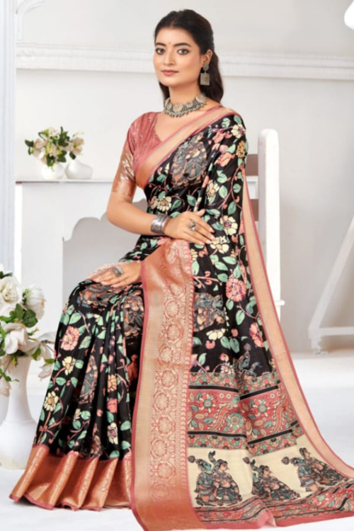 Black Soft Silk Saree With Printed Work For Festival