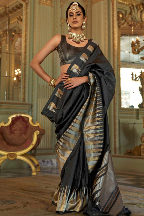 Black Soft Silk Saree With Woven Zari Work For Festival
