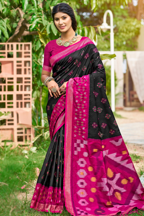 Black Soft Silk Weaved Broad Border Saree 