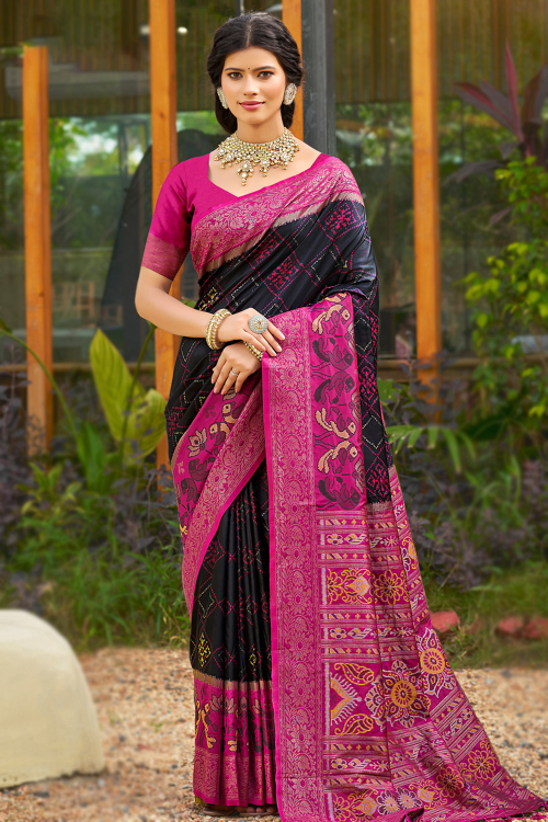 Black Soft Silk Weaved Broad Border Saree 