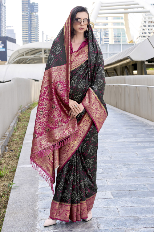 Black Soft Silk Weaved Broad Border Saree 