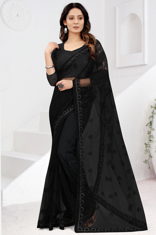 Black Stone Embroidered Net Light Weight Saree 