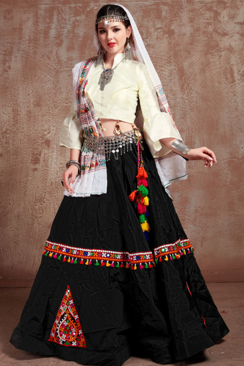 Black Taffeta Silk Embroidered Indian Lehenga
