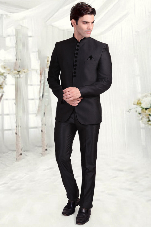 Black Terry Rayon Plain Jodhpuri Style Men's Suit