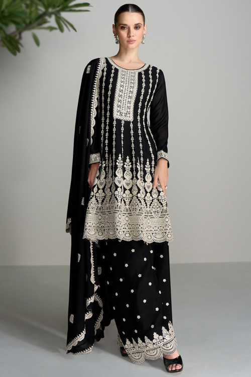 Black Thread Embroidered Chinnon Straight Cut Palazzo Suit
