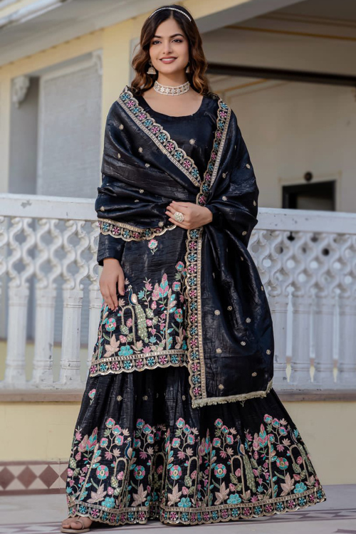 Black Tissue Silk Gharara Suit With Zari Work For Festival