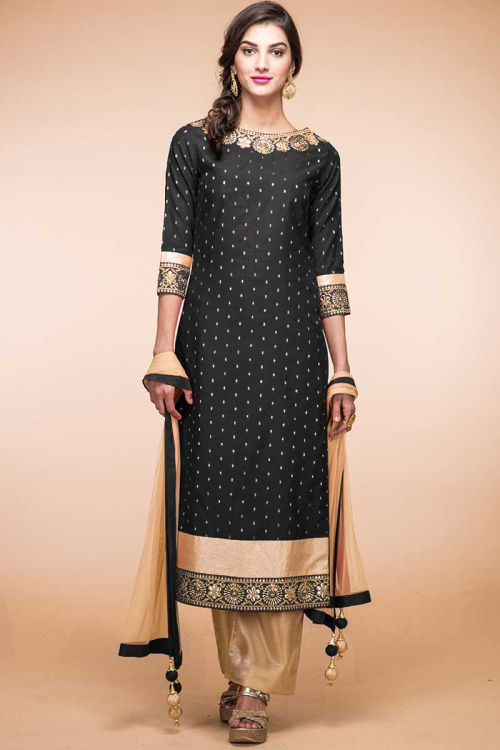 Black Chanderi Silk Wedding Trouser Suit With Zari Work
