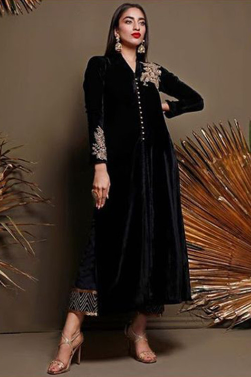 Black Velvet A Line Trouser Suit With Hand Work
