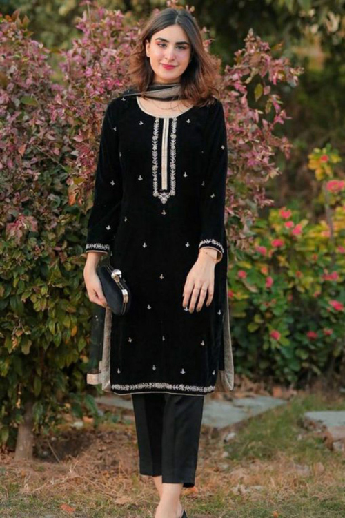 Black Velvet Dabka Work Embroidered Trouser Suit