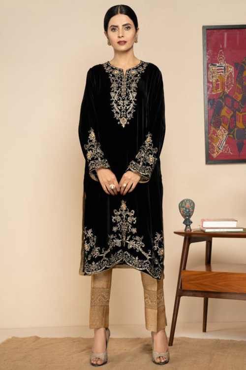 Black Velvet Embroidered Festive Wear Pakistani Trouser Suit