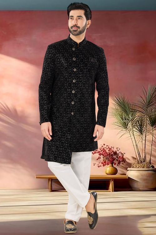 Black Velvet Embroidered Straight Cut Men's Sherwani 