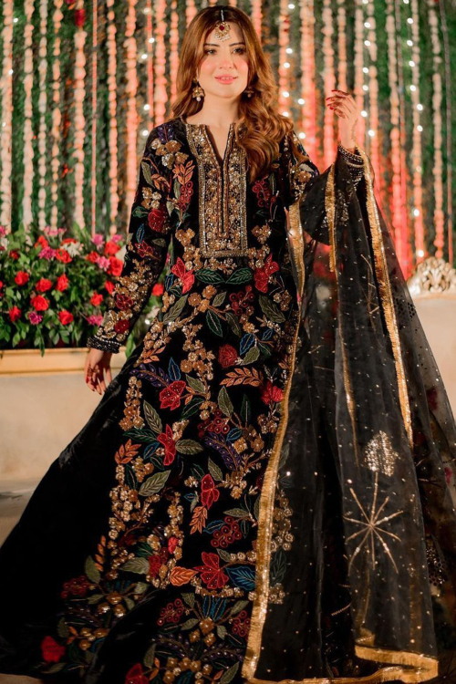 Black Velvet Embroidered Straight Cut Palazzo Suit for Wedding & Party