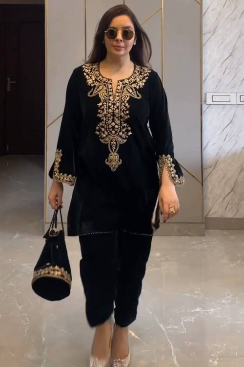 Black Velvet Embroidered Straight Cut Trouser Suit 