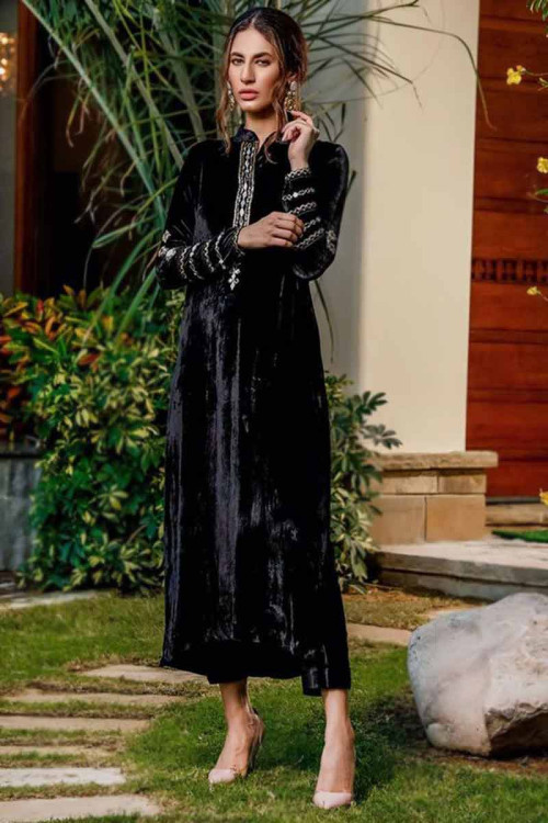 Trouser Suit for Party Wear in Velvet Black with Zari embroidery