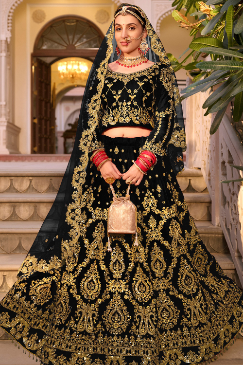 Black Velvet Lehenga with Zari & Mirror Embroidery