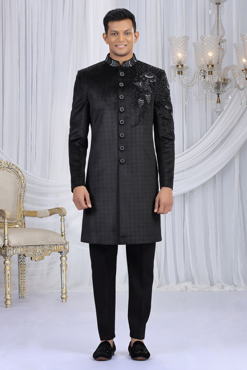 Black Velvet Mirror Embroidered Men's Sherwani