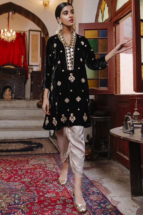 Black Velvet Party Wear Embroidered Tulip Pant Suit