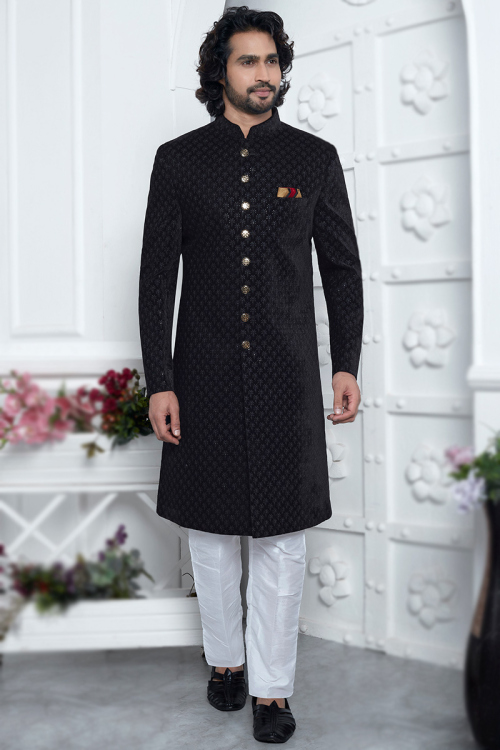 Black Velvet Sequins Embroidered Straight Cut Men'S Sherwani