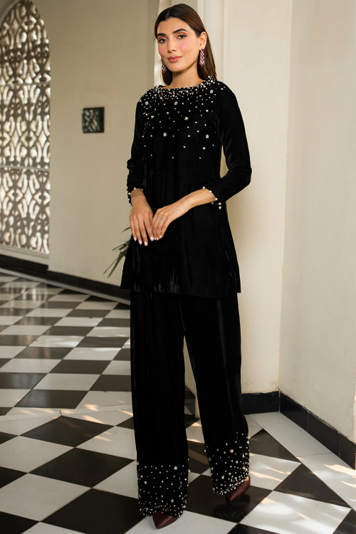 Black Velvet Stone Embroidered Straight Cut Trouser Suit