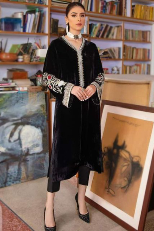 Black Velvet Straight Cut Embroidered Pakistani Trouser Style Suit