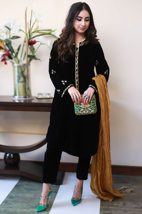 Black Velvet Straight Cut Trouser Suit With Zardosi Work