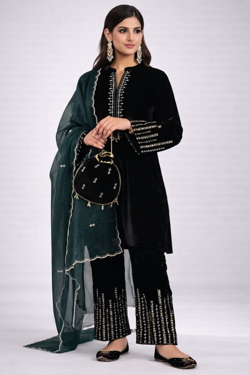 Black Velvet Trouser Suit with Zari Work for Wedding Wear