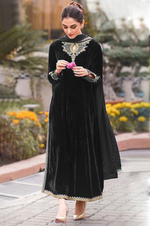 Black Velvet Zari Embroidered Long Suit With Churidar 