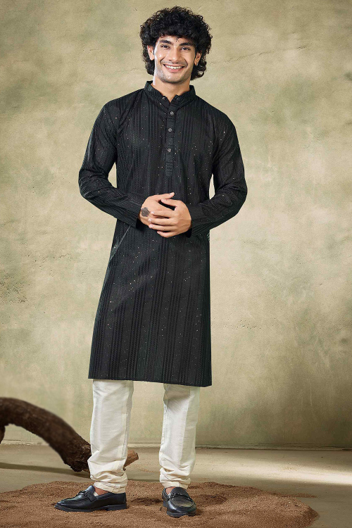 Black Viscose Embroidered Men's Straight Cut Kurta Pajama 