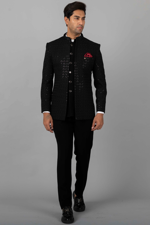 Black Viscose Sequins Embroidered Jodhpuri Style Men's Coat Pant