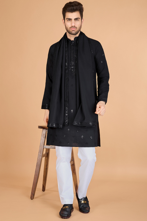 Black Viscose Silk Embroidered Men's Kurta Pajama