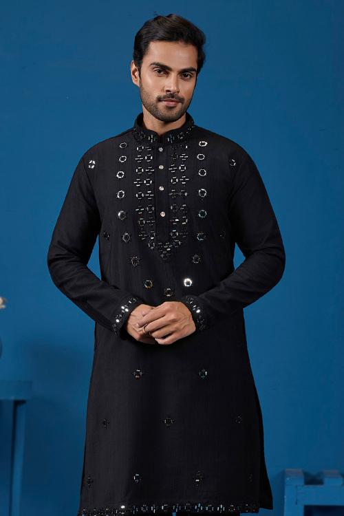 Black Viscose Silk Men's Kurta With Mirror Work For Festival