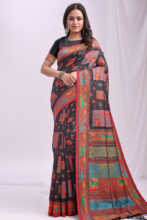Black Weaved Thread Cotton Saree For Casual Wear