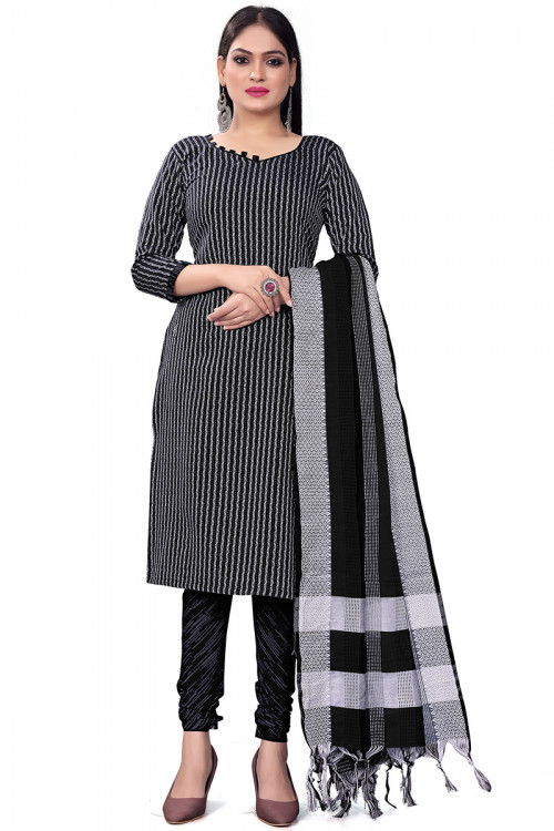 Black Weaved Thread Cotton Straight Cut Churidar Suit 