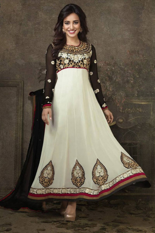 Black With White Georgette Churidar Suit