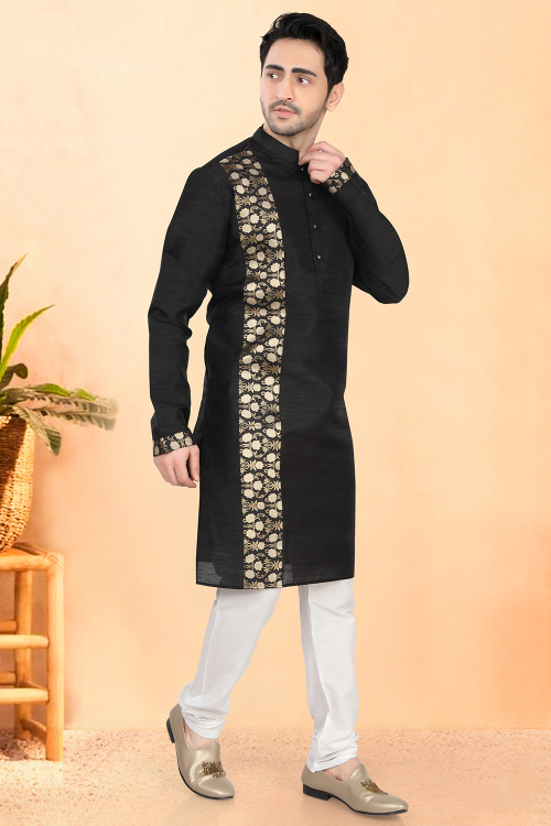 Black Woven Zari Silk Blend Straight Cut Men’s Kurta Churidar