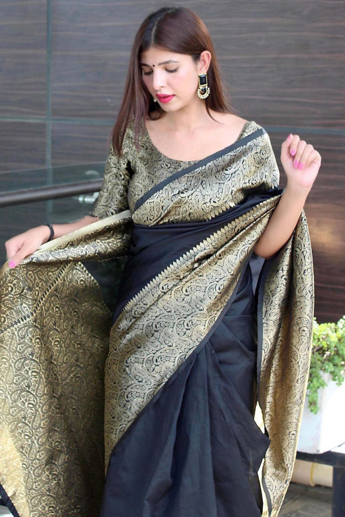 Black Woven Zari Silk Broad Border Saree 