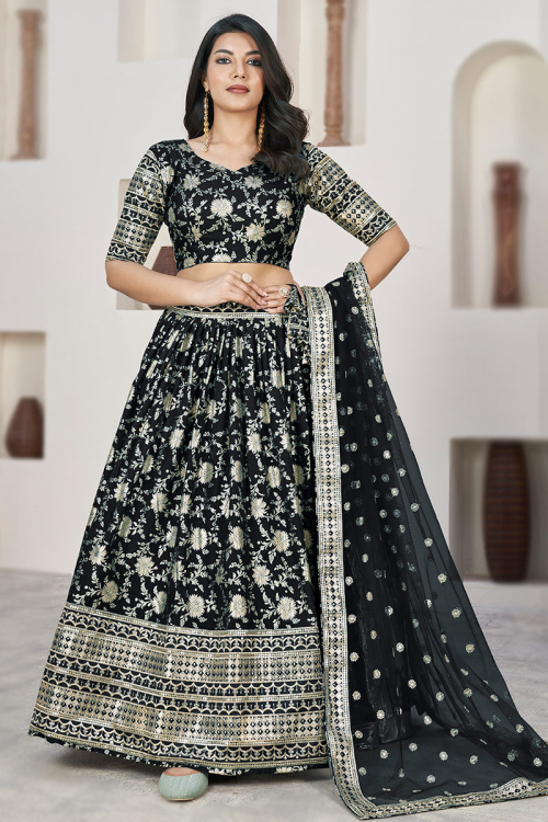 Black Woven Zari Silk Flared Style Lehenga