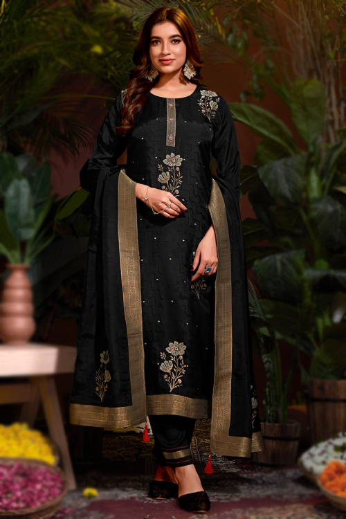 Black Woven Zari Viscose Straight Cut Trouser Suit