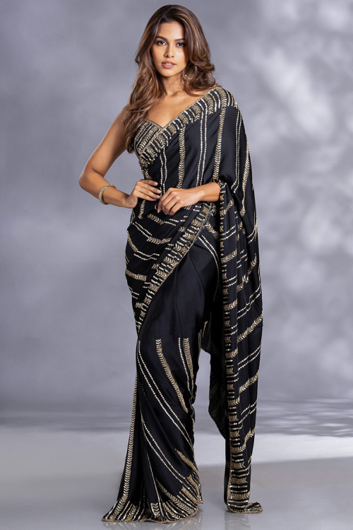 Black Zari Embroidered Crepe Georgette Party Wear Saree