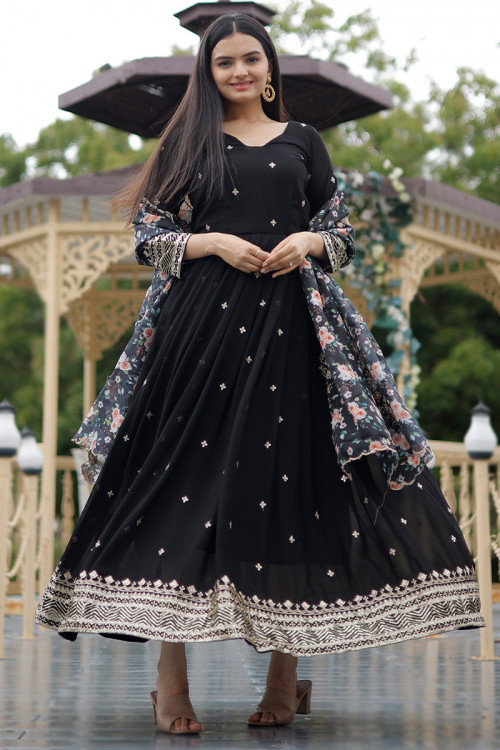 Black Zari Embroidered Georgette Anarkali Suit For Sangeet