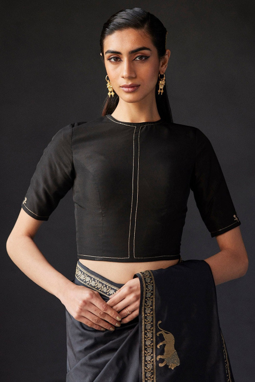 Black Silk Resham Thread Embroidered Blouse for Festival Wear