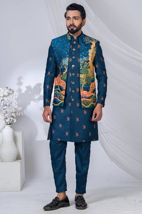 Blue Art Silk Jodhpuri Printed Men's Sherwani With Jacket