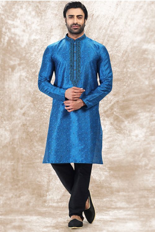 Blue Art Silk Men's Kurta Churidar With Weaved Work
