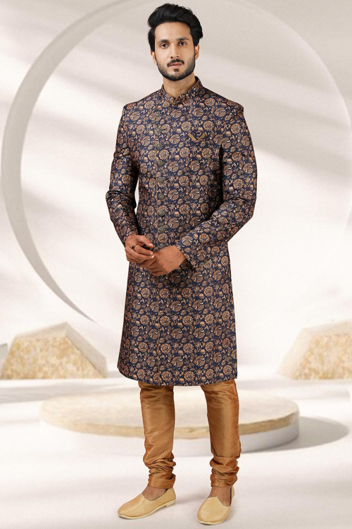 Blue Banarasi Silk Printed Men Sherwani
