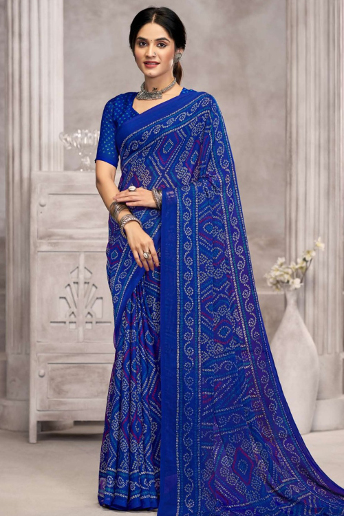 Blue Chiffon Bandhej Printed Saree For Casual Wear