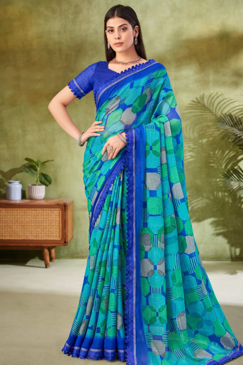 Blue Chiffon Saree With Printed For Casual Wear